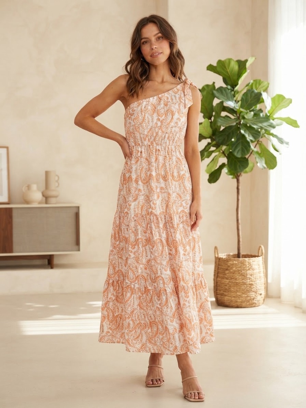 Take 50% OFF-SHEIN One-Shoulder Maxi Dress in Peach, Size-M